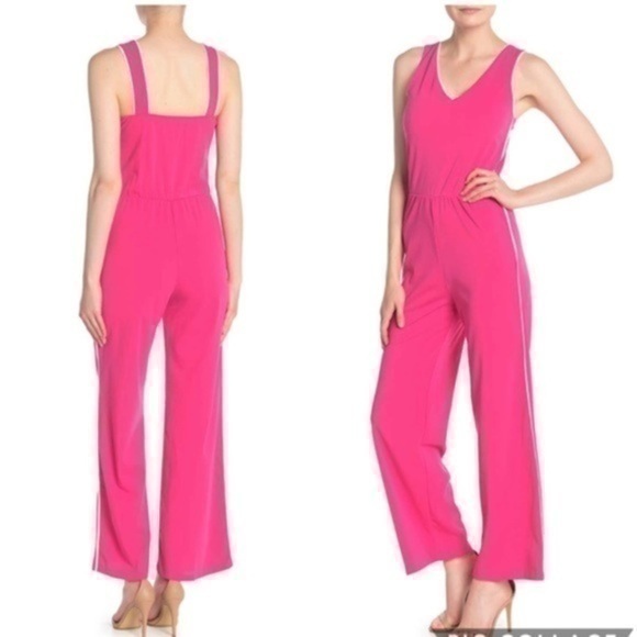 NEW Love...Ady Pink and White Side-Stripe V-neck Sleeveless Jumpsuit Size S - Picture 1 of 4